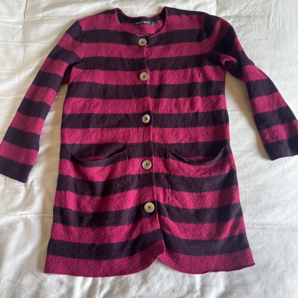 Gudrun Sjoden Wool Purple Pink Stripe Cardigan Sweater Size Small